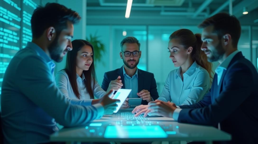 AI-powered automation visual with diverse professionals using smart devices